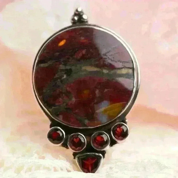 .925 Sterling Silver Brecciated Jasper Pendant w/ Garnet Accents- Handmade Boho - Picture 10 of 16